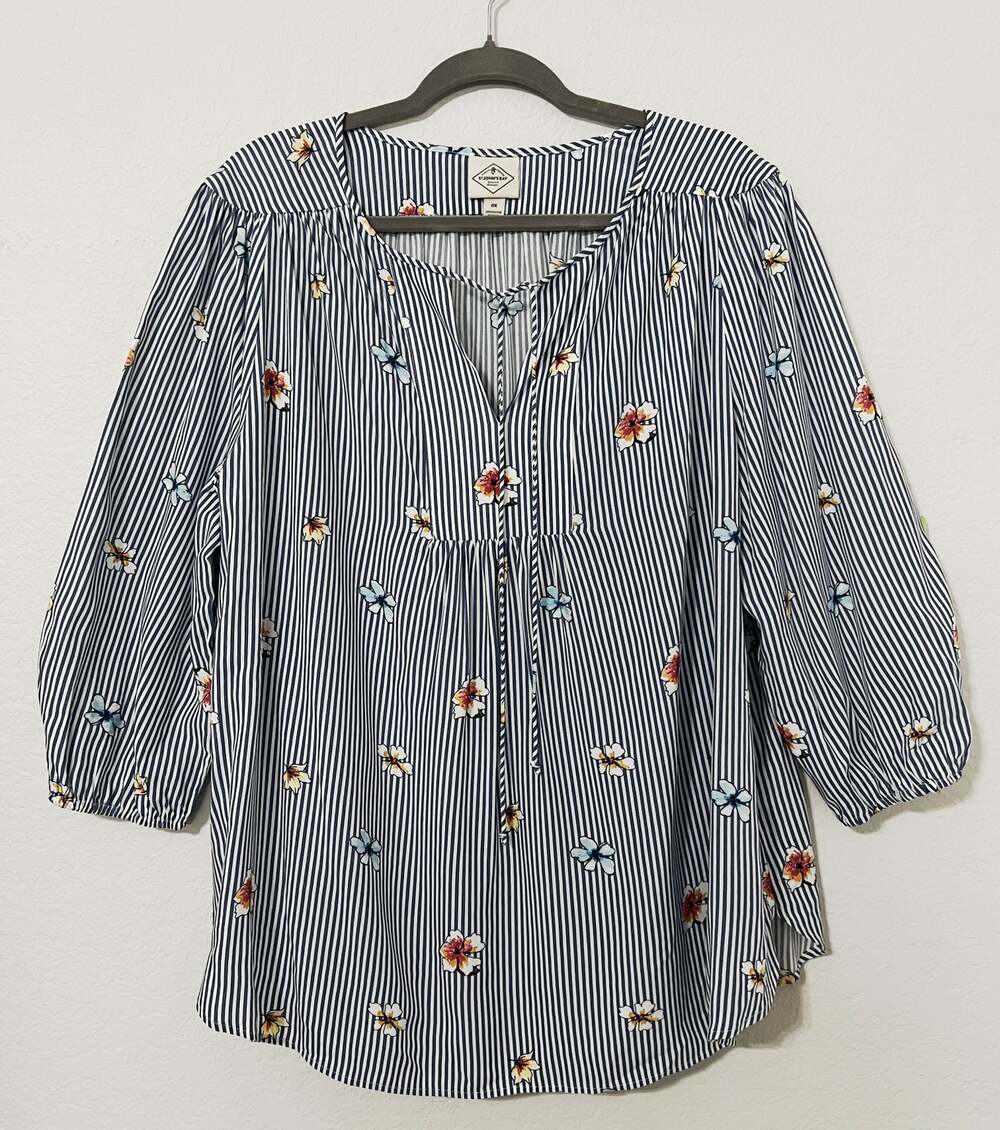 St. John's Bay Peasant Blouse Blue & White Striped Multi Colored Flowers Size 0X
